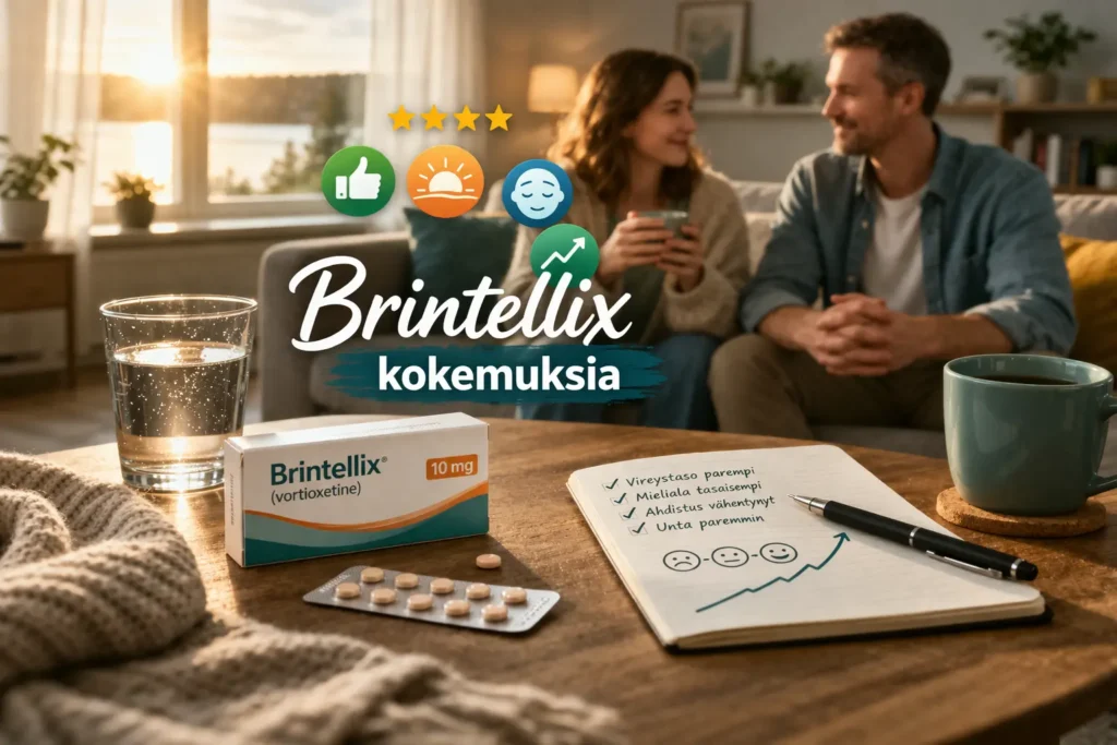 Brintellix kokemuksia – lääkepakkaus ja hyvinvointia kuvaava kotitilanne.