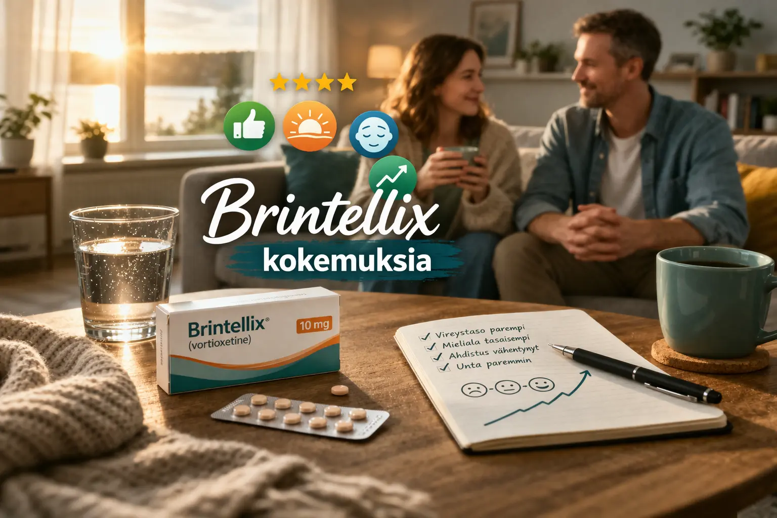 Brintellix kokemuksia – lääkepakkaus ja hyvinvointia kuvaava kotitilanne.