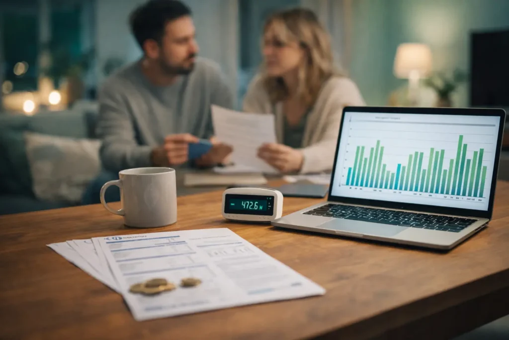 Kotona pöydällä sähkölasku, kannettava tietokone energian kulutusgraafilla ja älymittari, taustalla pariskunta tarkastelemassa laskua.