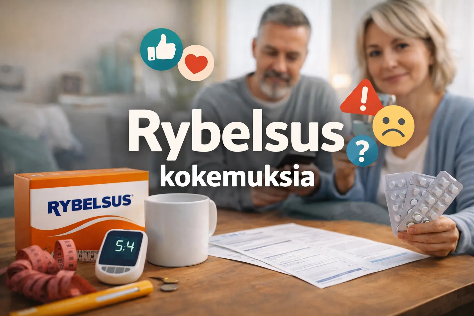 Pöydällä Rybelsus-lääkepakkaus, verensokerimittari ja tablettiliuskoja, taustalla pariskunta tarkastelemassa tietoja kotona.