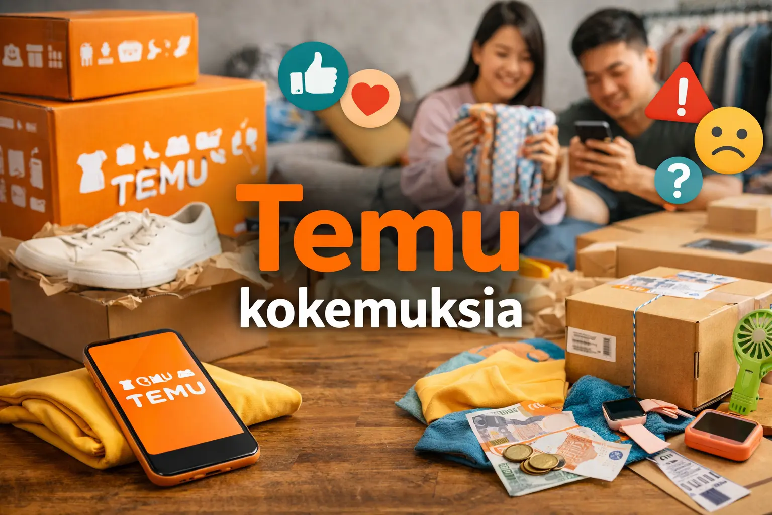 Temu-ostoksia esittelevä artikkelikuva: paketteja, vaatteita ja pieniä tuotteita pöydällä, taustalla pariskunta avaamassa tilauksia, etualalla puhelin Temu-sovelluksella.