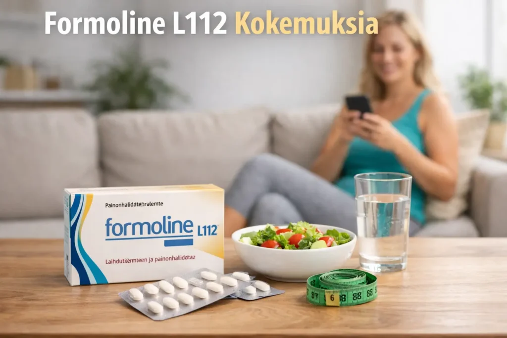 Pöydällä Formoline L112 -pakkaus, tablettiliuskoja, vesilasi ja salaatti, taustalla nainen istumassa sohvalla puhelimen kanssa.