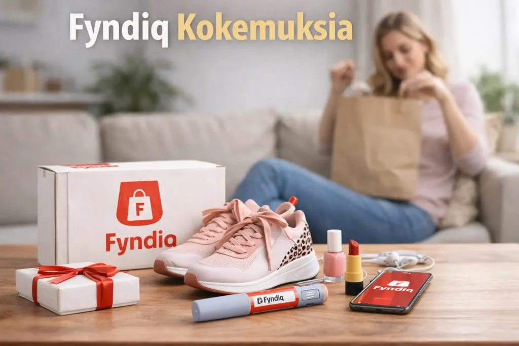 Pöydällä Fyndiq-verkkokaupan paketti, kengät ja kosmetiikkaa, taustalla nainen avaamassa ostoskassia kotona.