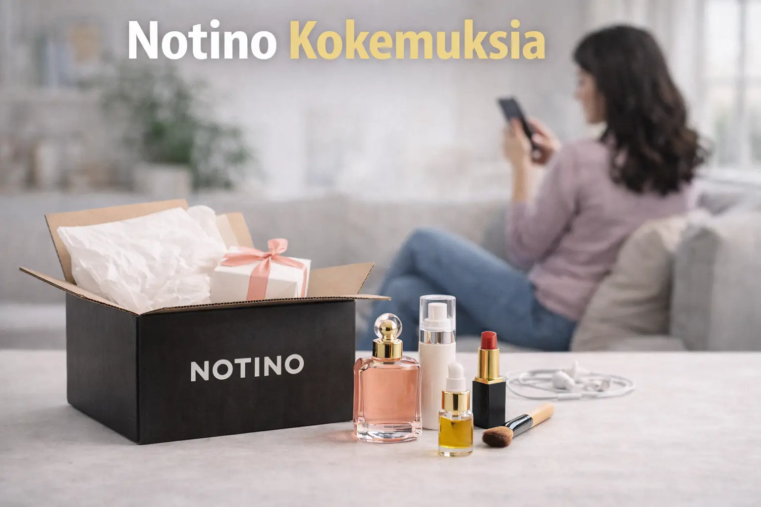 Notino kokemuksia – kauneustuotteita ja paketti kotona, taustalla nainen puhelimella.