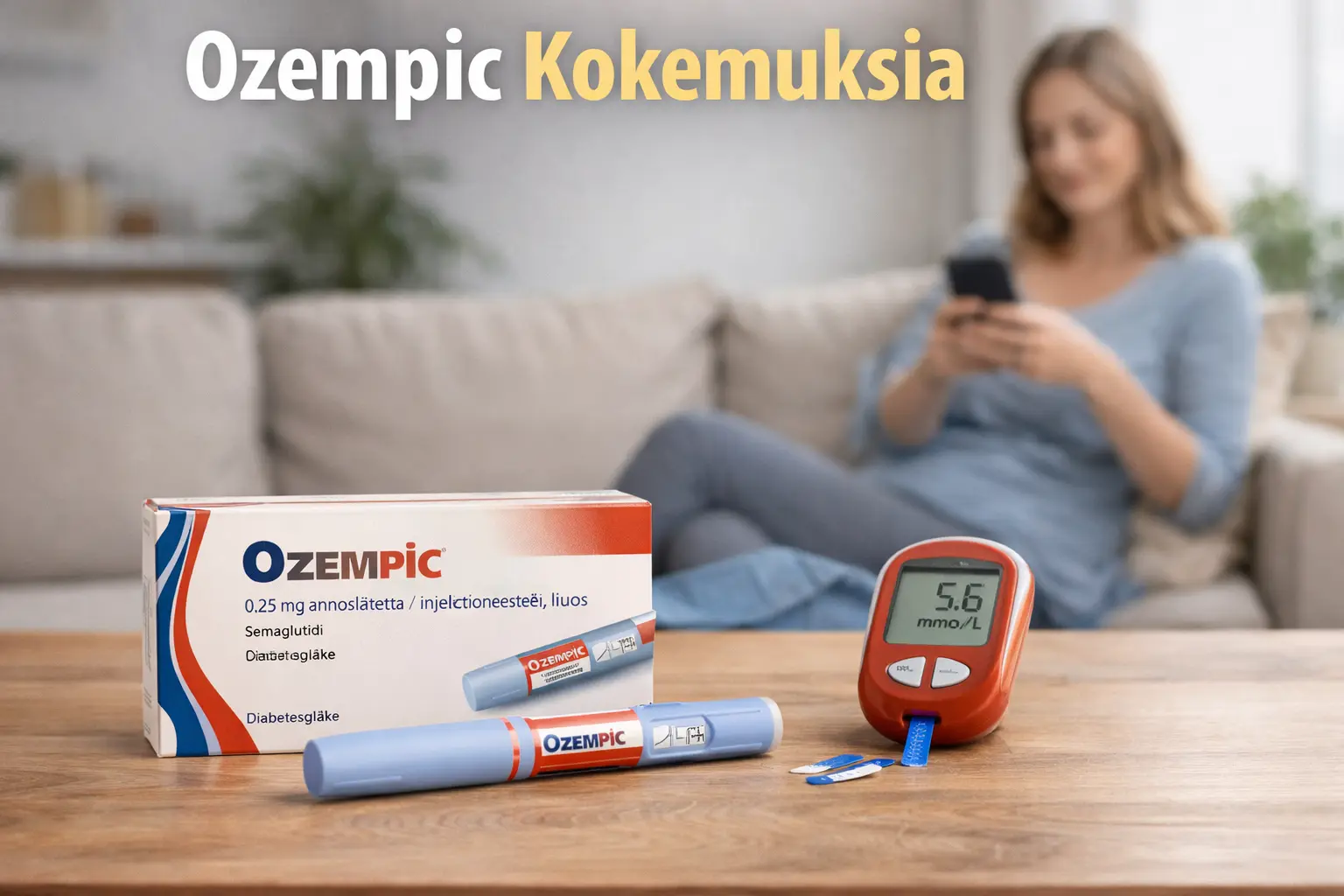 Ozempic kokemuksia – lääkepakkaus, pistoskynä ja verensokerimittari kotona.
