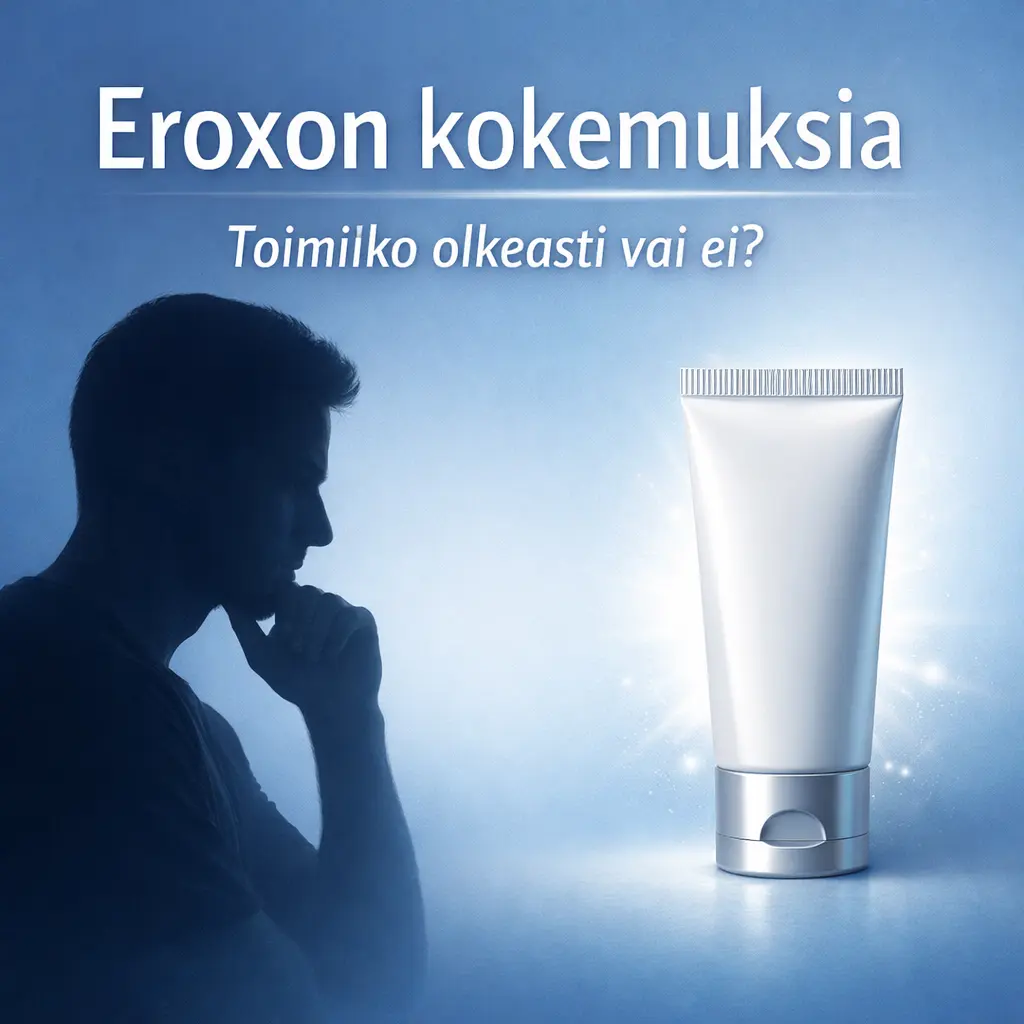 Eroxon kokemuksia artikkelikuva, jossa mies mietiskelee ja erektiogeeli kuvattuna sinisellä taustalla, otsikko “Toimiiko oikeasti vai ei?