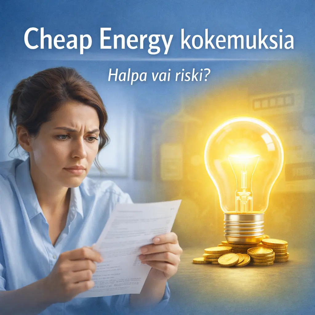 Cheap Energy kokemuksia artikkelikuva, jossa nainen tarkistaa sähkölaskua ja vieressä hehkulamppu kolikoiden päällä, teksti “Halpa vai riski?