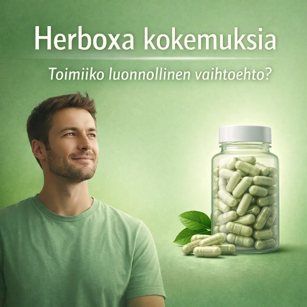Herboxa kokemuksia artikkelikuva, jossa mies katsoo itsevarmasti sivulle ja vihreä tausta sekä ravintolisäkapselit purkissa, teksti “Toimiiko luonnollinen vaihtoehto?