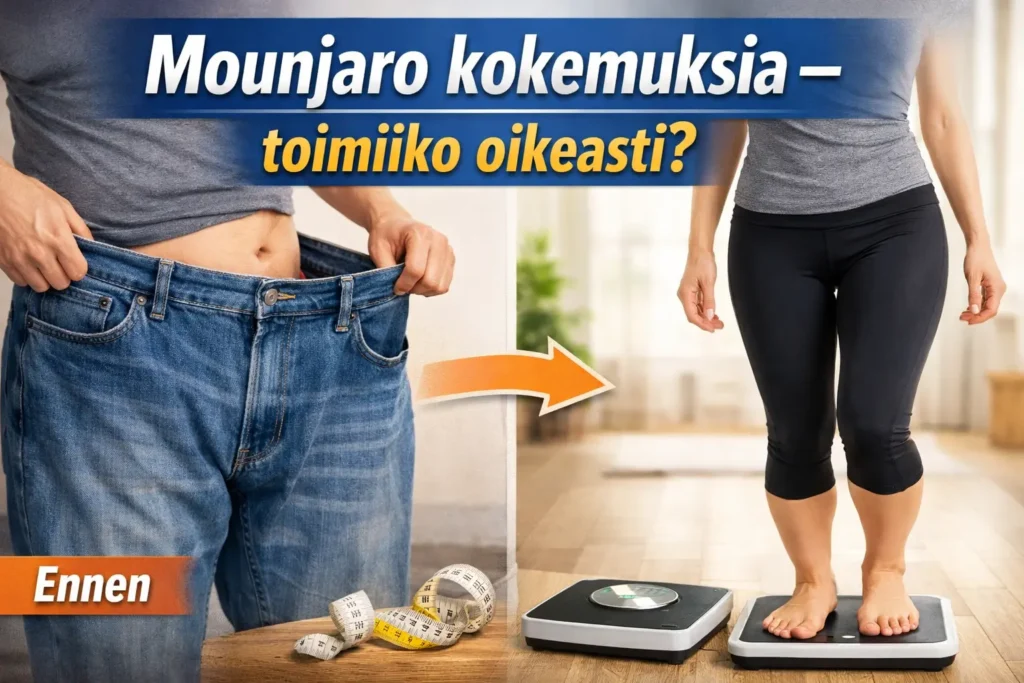 Mounjaro kokemuksia – ennen ja jälkeen painonpudotus, henkilö pitää liian suuria farkkuja ja seisoo vaa’alla hoikempana