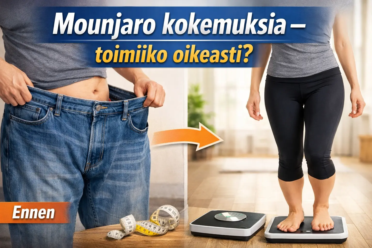 Mounjaro kokemuksia – ennen ja jälkeen painonpudotus, henkilö pitää liian suuria farkkuja ja seisoo vaa’alla hoikempana