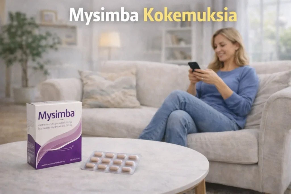 Pöydällä Mysimba-lääkepakkaus ja tabletteja, taustalla nainen istumassa eri tyylisellä sohvalla uudessa olohuoneessa ja käyttämässä puhelinta