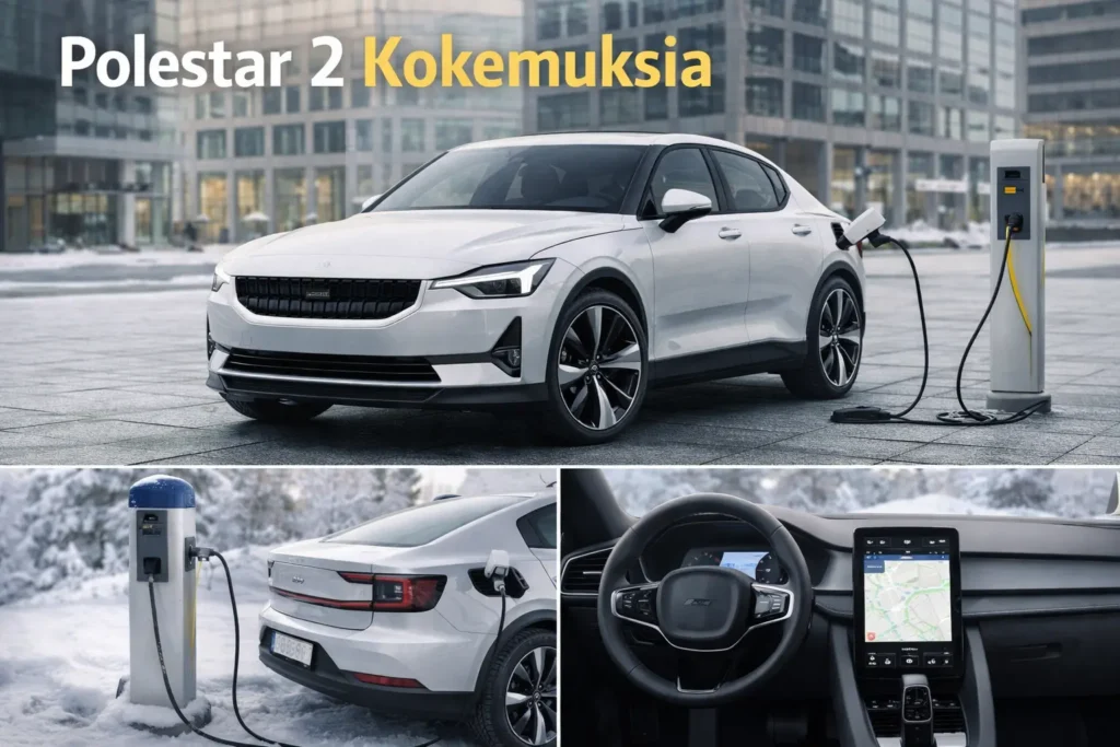 Polestar 2 sähköauto latauksessa kaupunkiympäristössä sekä auton sisätilat ja talvinen lataustilanne kollaasikuvassa.