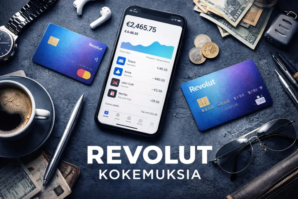 Revolut-sovellus älypuhelimen näytöllä pöydällä, ympärillä maksukortteja, käteistä ja arjen esineitä – kuva kuvaa mobiilipankin käyttöä ja talouden hallintaa
