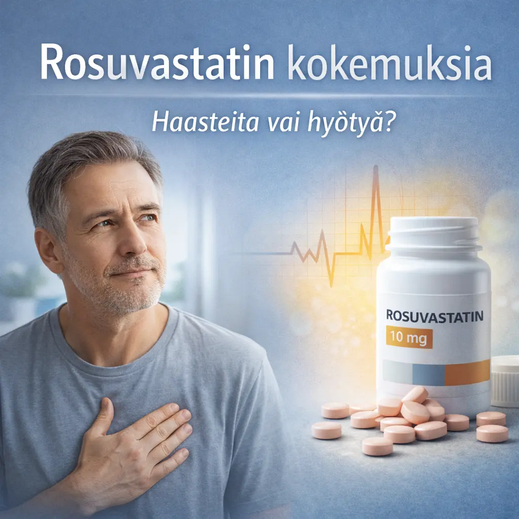 Rosuvastatin kokemuksia artikkelikuva, jossa keski-ikäinen mies pitää kättä rinnalla ja vieressä lääkepurkki sekä tabletteja, teksti “Haasteita vai hyötyä?