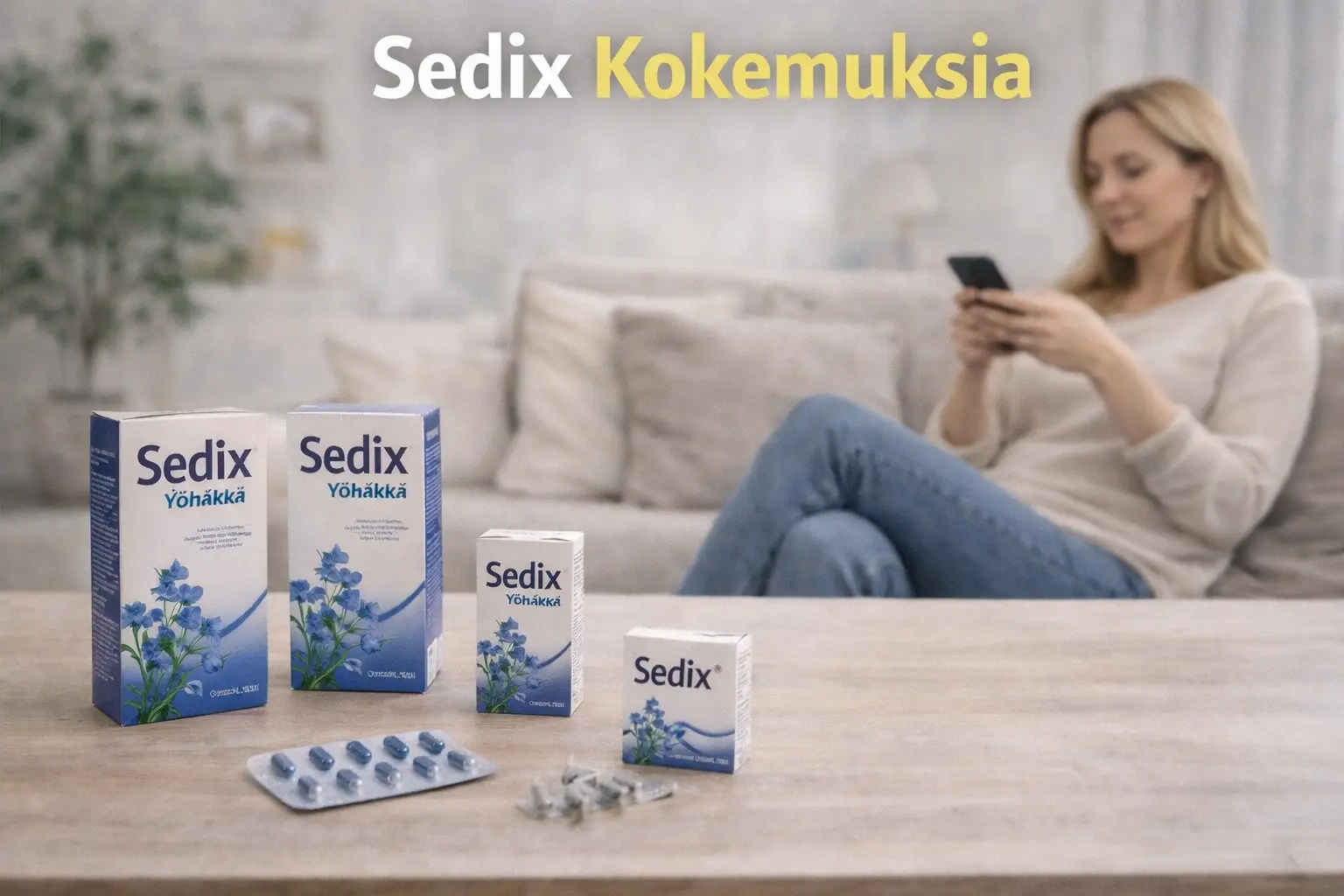 Pöydällä Sedix-lääkepakkauksia ja tabletteja, taustalla nainen istumassa sohvalla ja käyttämässä puhelinta.