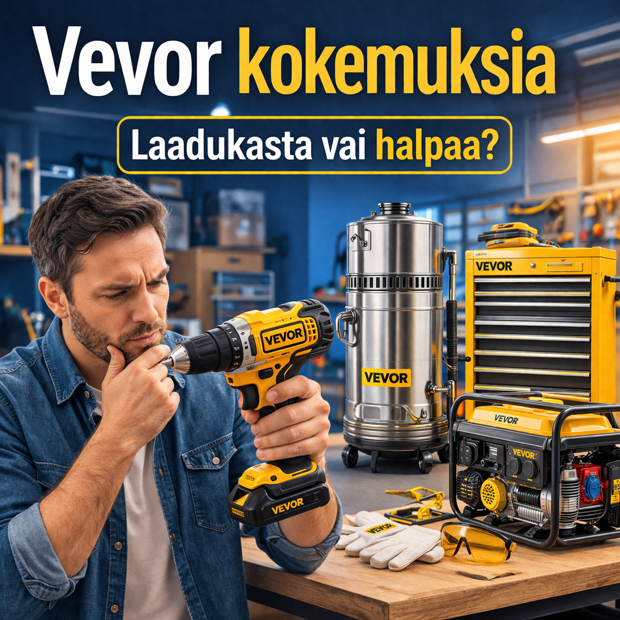 Vevor kokemuksia artikkelikuva, jossa mies tarkastelee sähkötyökalua ja vieressä erilaisia Vevor-laitteita, teksti “Laadukasta vai halpaa?”