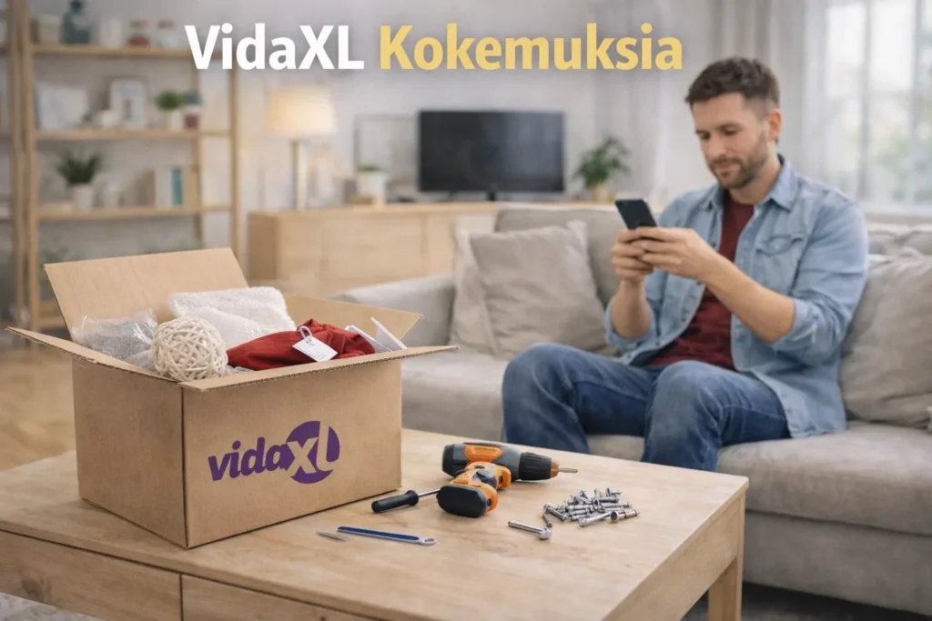 Pöydällä vidaXL-paketti, työkaluja ja osia, taustalla mies istumassa sohvalla puhelimen kanssa modernissa olohuoneessa.